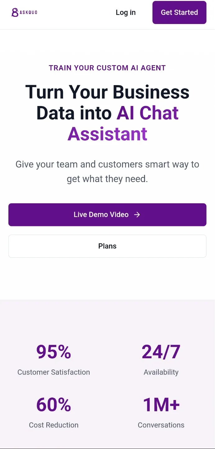 The AskQuo landing screen: 'Train your custom AI agent — Turn your business data into AI chat assistant', with buttons for a live demo video and plans.