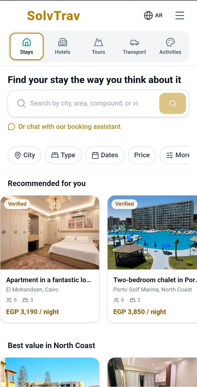 The SolvTrav home screen: tabs for Stays, Hotels, Tours, Transport and Activities above a search field reading 'Find your stay the way you think about it', with verified listings in Cairo and the North Coast priced in Egyptian pounds.